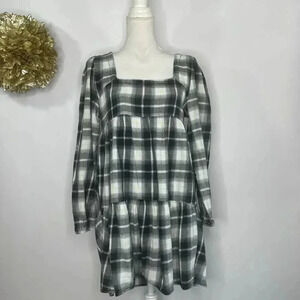 BP Shift Dress Women's S Black White Plaid Tiered Mini Square Neck Long Sleeve